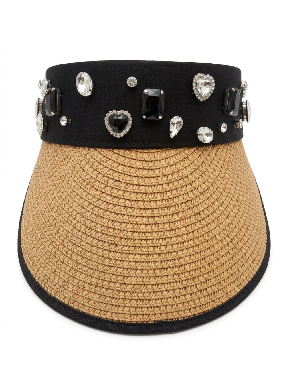 Crystal-Embellished Straw Visor in Black and Tan